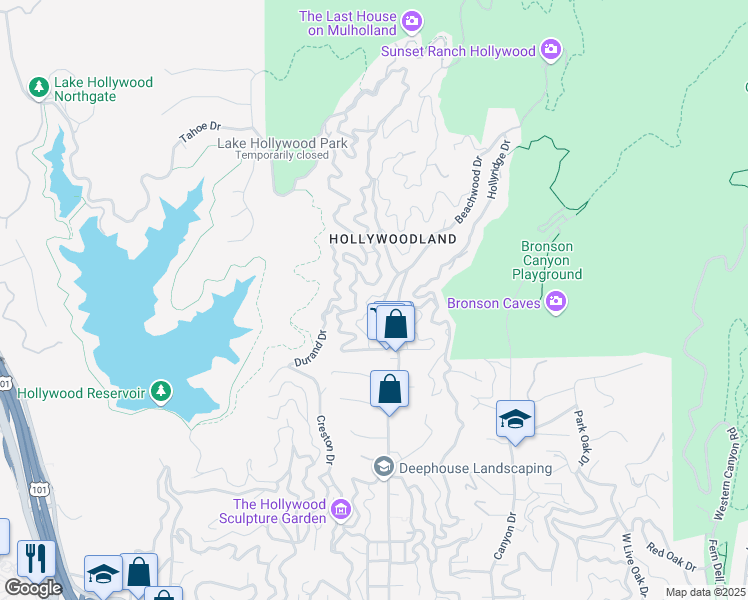 map of restaurants, bars, coffee shops, grocery stores, and more near 2810 Woodshire Drive in Los Angeles