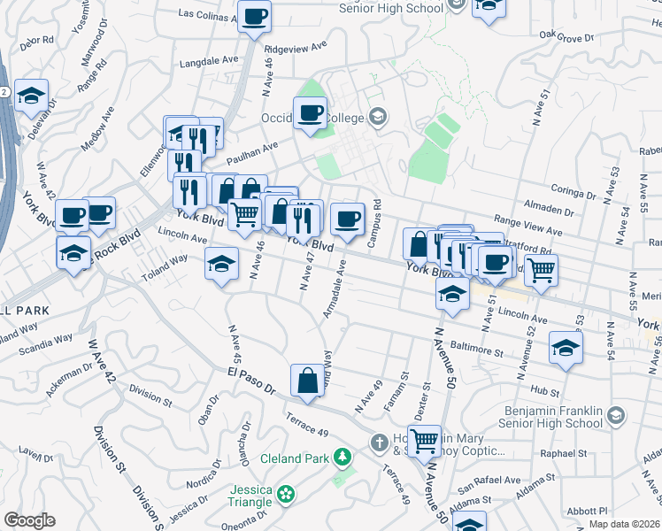 map of restaurants, bars, coffee shops, grocery stores, and more near 4731 Lincoln Avenue in Los Angeles