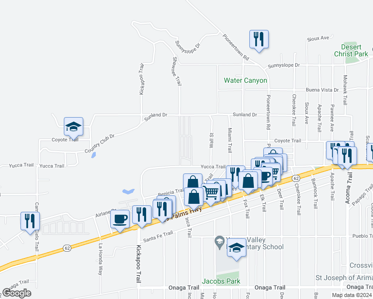 map of restaurants, bars, coffee shops, grocery stores, and more near 55524 Yucca Trail in Yucca Valley