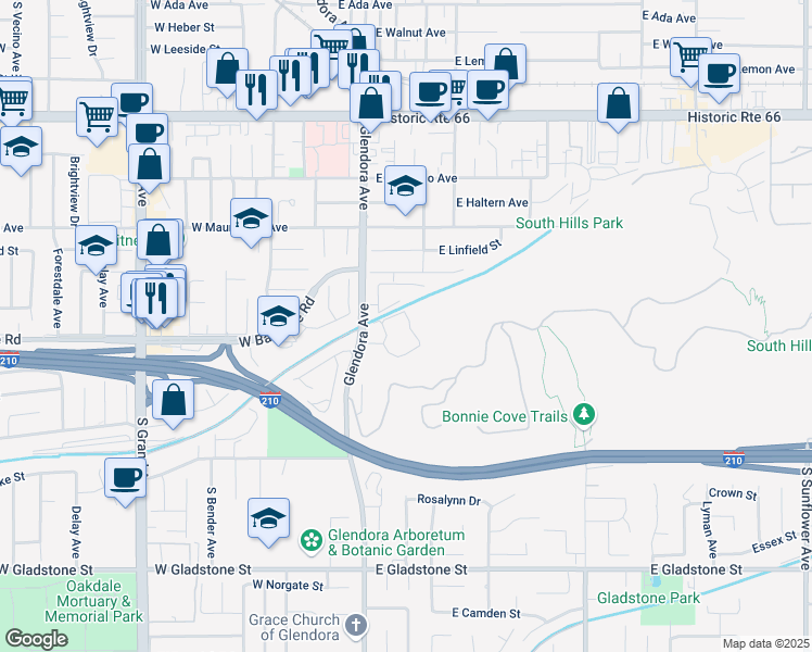 map of restaurants, bars, coffee shops, grocery stores, and more near 1000 South Glendora Avenue in Glendora