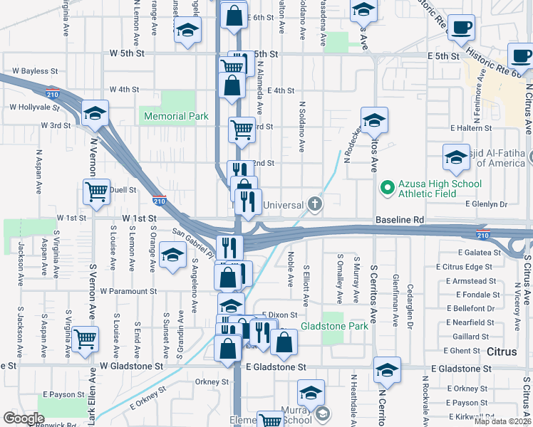 map of restaurants, bars, coffee shops, grocery stores, and more near 104 North Azusa Avenue in Azusa