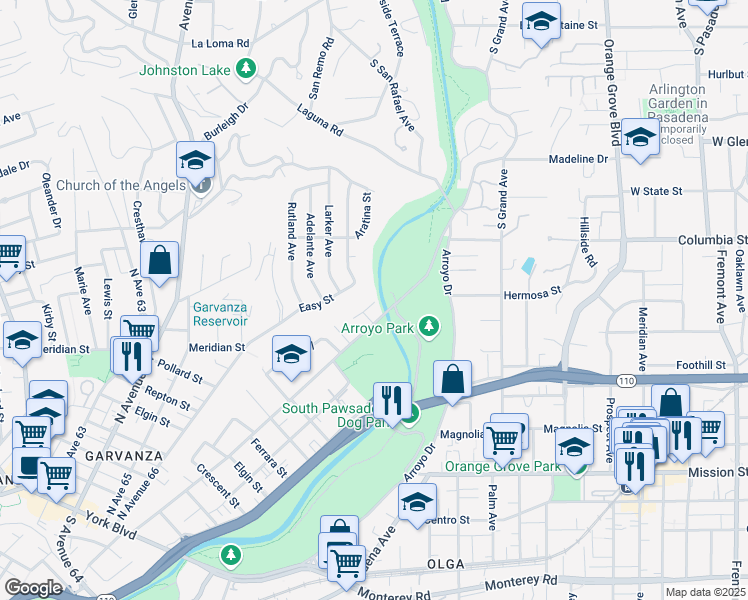 map of restaurants, bars, coffee shops, grocery stores, and more near 1041 North Avenue 67 in Los Angeles