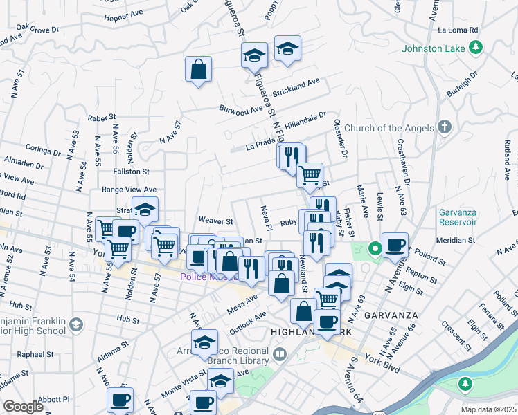 map of restaurants, bars, coffee shops, grocery stores, and more near 564 Meridian Terrace in Los Angeles