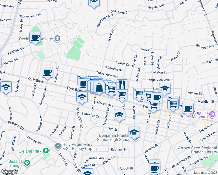 map of restaurants, bars, coffee shops, grocery stores, and more near 5141 Meridian Street in Los Angeles
