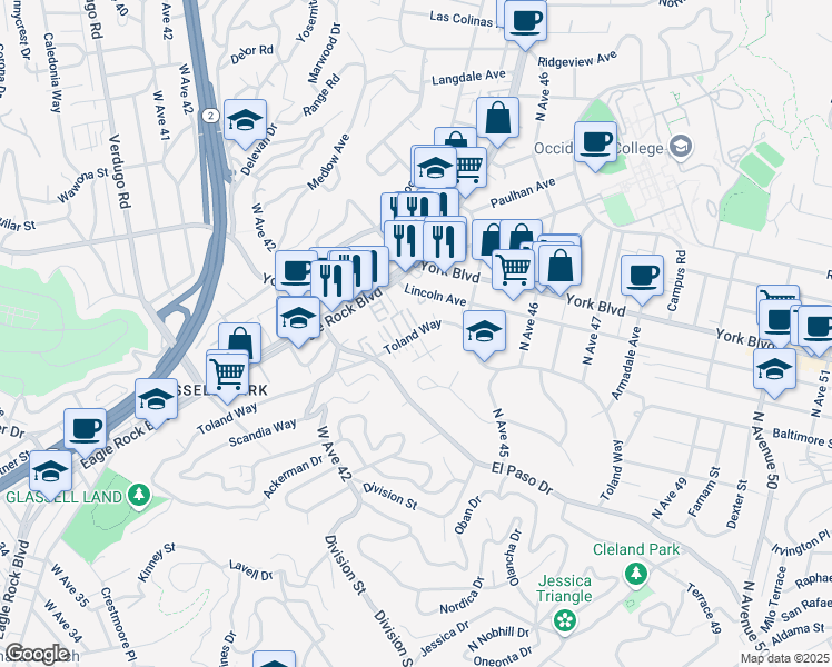 map of restaurants, bars, coffee shops, grocery stores, and more near 4343 Toland Way in Los Angeles