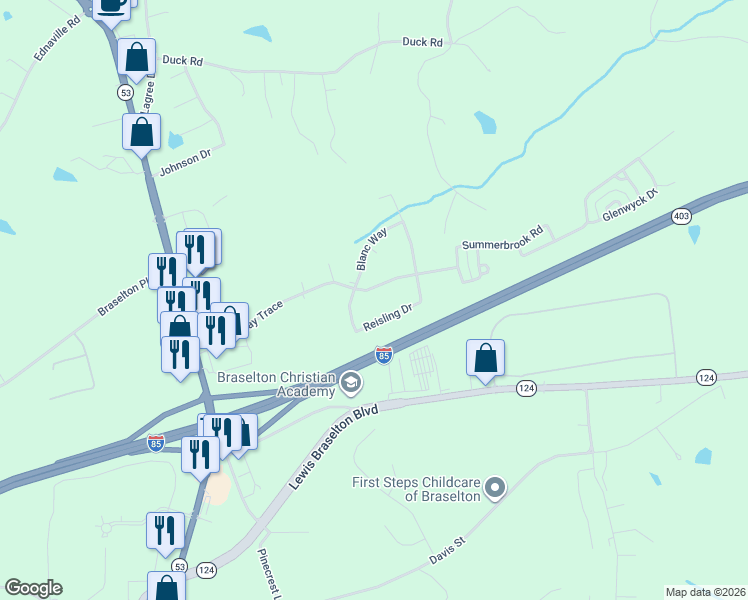 map of restaurants, bars, coffee shops, grocery stores, and more near 476 Chardonnay Trace in Braselton