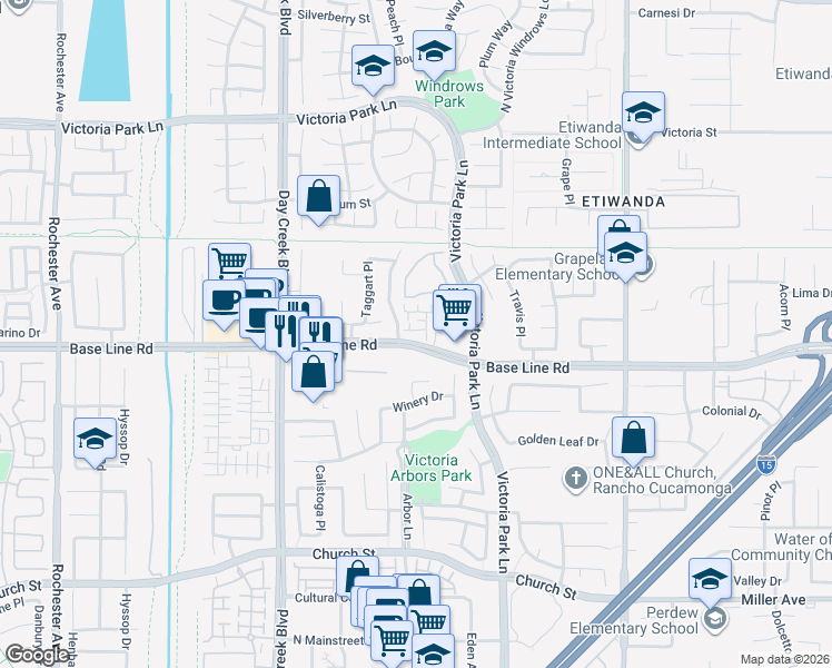 map of restaurants, bars, coffee shops, grocery stores, and more near 12501 Solaris Drive in Rancho Cucamonga