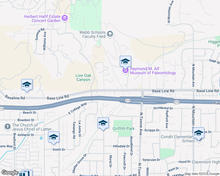 map of restaurants, bars, coffee shops, grocery stores, and more near 425 East Baseline Road in Claremont