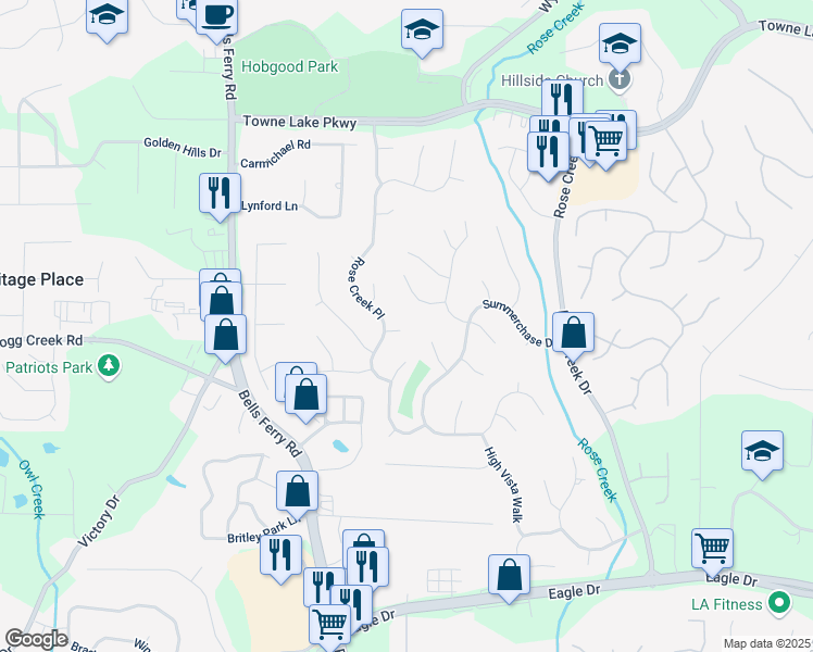 map of restaurants, bars, coffee shops, grocery stores, and more near 805 Rose Creek Walk in Woodstock