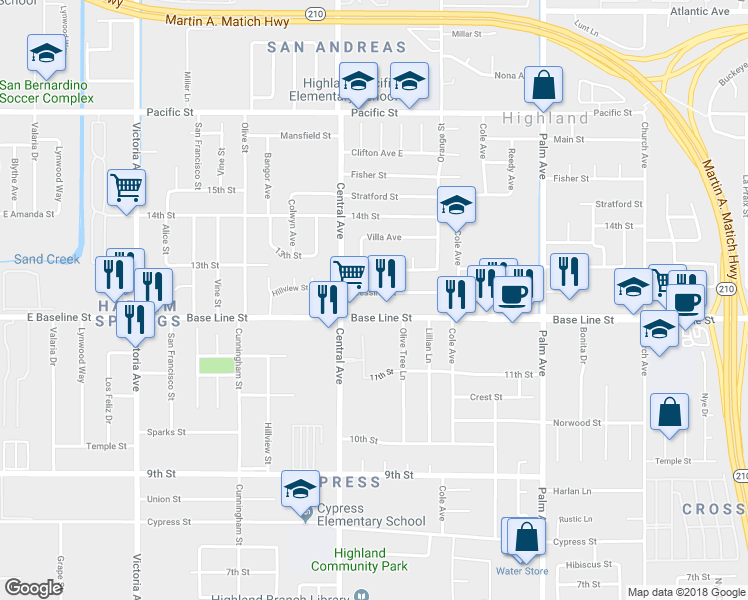 map of restaurants, bars, coffee shops, grocery stores, and more near 26959 Messina St in Highland