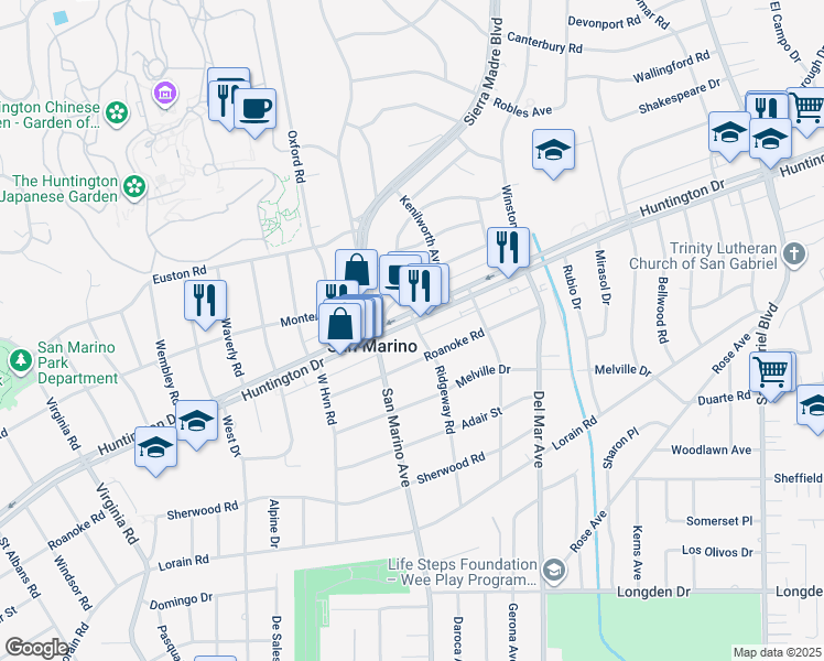 map of restaurants, bars, coffee shops, grocery stores, and more near 2264 Huntington Drive in San Marino