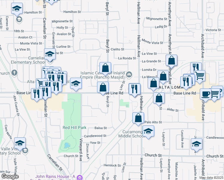 map of restaurants, bars, coffee shops, grocery stores, and more near 9118 Base Line Road in Rancho Cucamonga