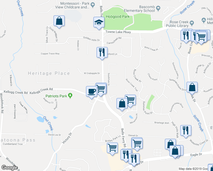 map of restaurants, bars, coffee shops, grocery stores, and more near 132 Southfork Drive in Woodstock