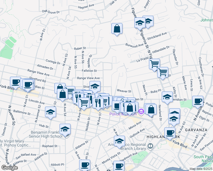 map of restaurants, bars, coffee shops, grocery stores, and more near 5711 Stratford Road in Los Angeles