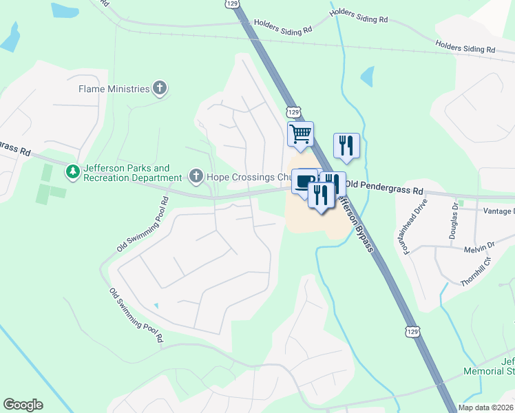 map of restaurants, bars, coffee shops, grocery stores, and more near 51 Jefferson Walk Circle in Jefferson