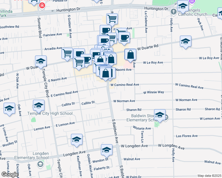 map of restaurants, bars, coffee shops, grocery stores, and more near 1510 South Baldwin Avenue in Arcadia