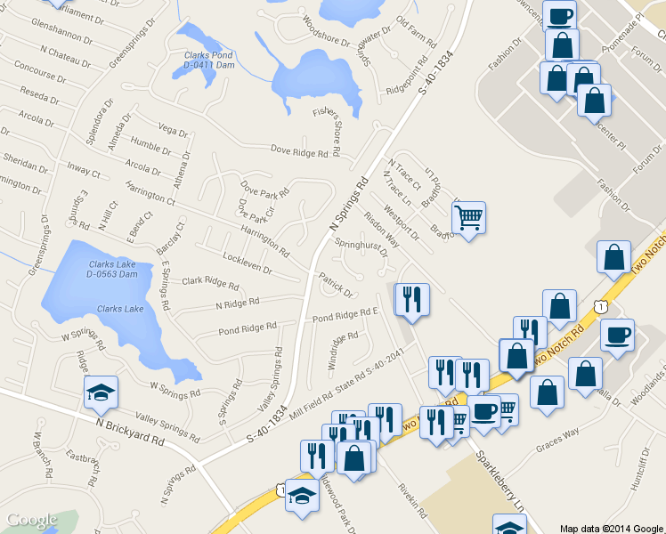 map of restaurants, bars, coffee shops, grocery stores, and more near 18 Engrid Court in Columbia