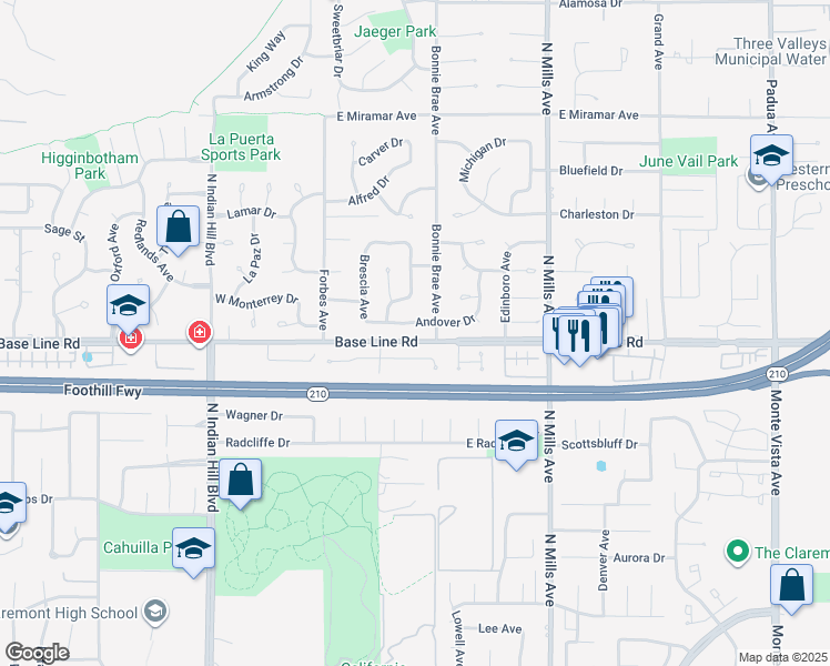 map of restaurants, bars, coffee shops, grocery stores, and more near 264 Andover Drive in Claremont