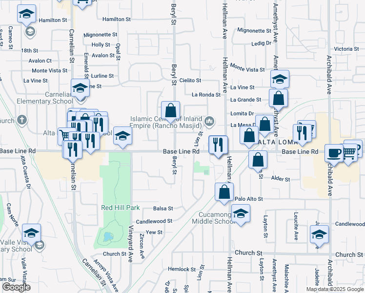 map of restaurants, bars, coffee shops, grocery stores, and more near 9126 Base Line Road in Rancho Cucamonga