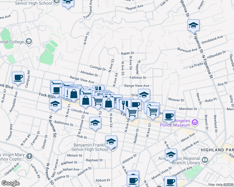 map of restaurants, bars, coffee shops, grocery stores, and more near 5421 Stratford Road in Los Angeles