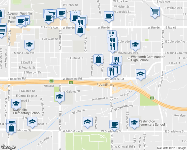 map of restaurants, bars, coffee shops, grocery stores, and more near 950 Forestdale Avenue in Glendora