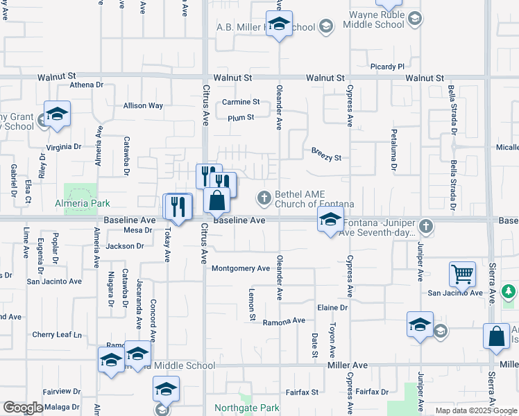 map of restaurants, bars, coffee shops, grocery stores, and more near 16252 Baseline Avenue in Fontana
