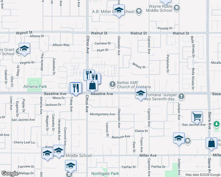 map of restaurants, bars, coffee shops, grocery stores, and more near 16252 Baseline Avenue in Fontana