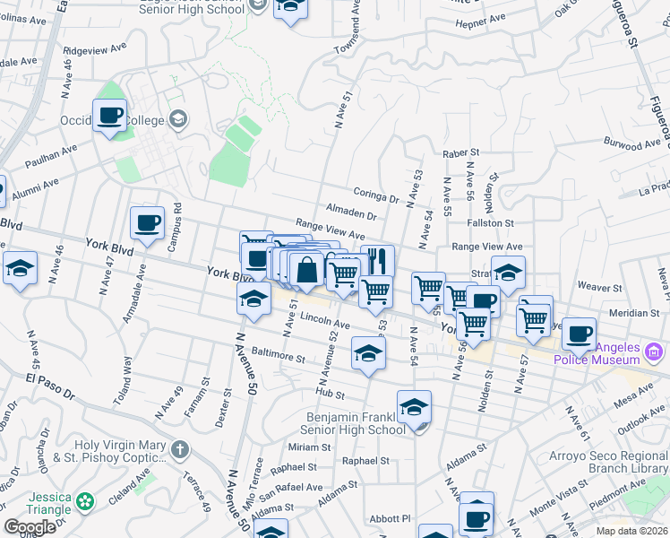 map of restaurants, bars, coffee shops, grocery stores, and more near 5141 Meridian Street in Los Angeles