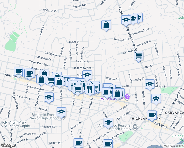 map of restaurants, bars, coffee shops, grocery stores, and more near 5679 Stratford Road in Los Angeles