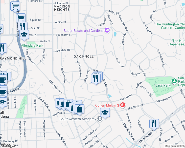 map of restaurants, bars, coffee shops, grocery stores, and more near 1385 Wentworth Avenue in Pasadena