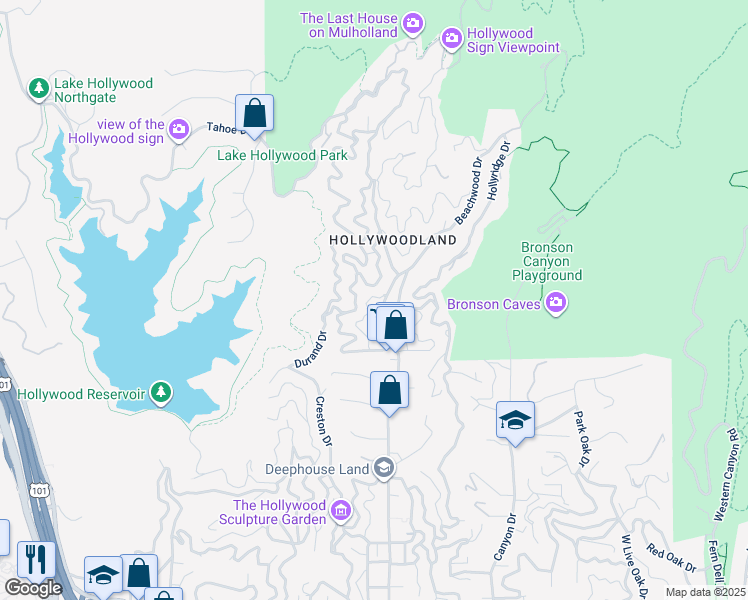 map of restaurants, bars, coffee shops, grocery stores, and more near 2810 Woodshire Drive in Los Angeles