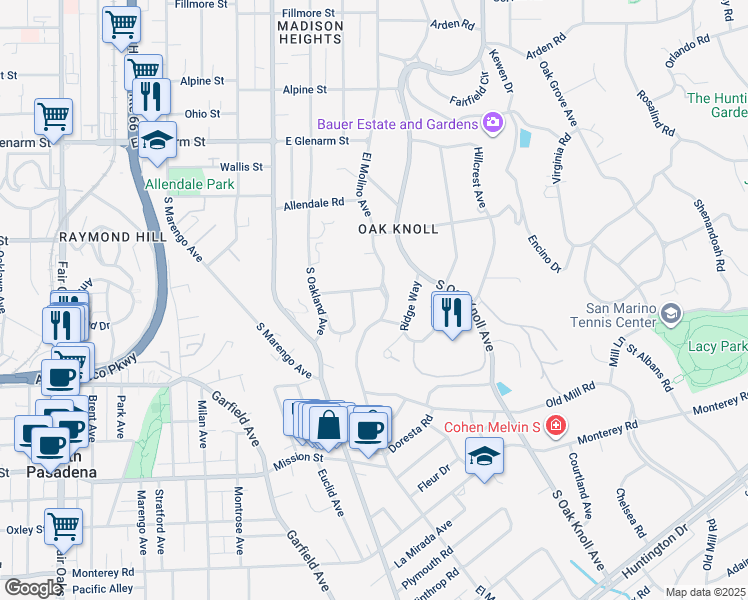 map of restaurants, bars, coffee shops, grocery stores, and more near 610 Woodland Road in Pasadena