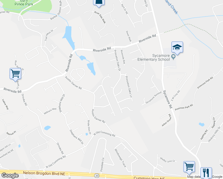 map of restaurants, bars, coffee shops, grocery stores, and more near 5540 Princeton Oaks Drive in Sugar Hill