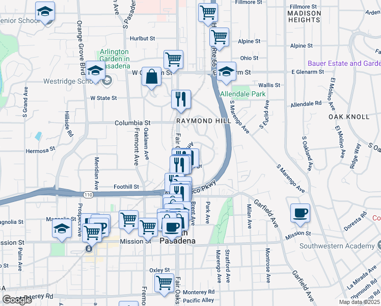 map of restaurants, bars, coffee shops, grocery stores, and more near 1660 Amberwood Drive in South Pasadena