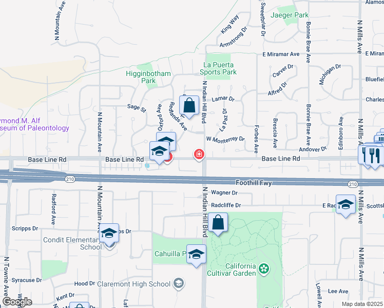 map of restaurants, bars, coffee shops, grocery stores, and more near 431 West Baseline Road in Claremont