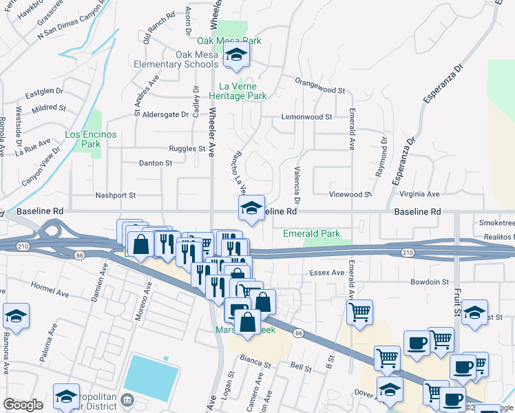 map of restaurants, bars, coffee shops, grocery stores, and more near 1559 Baseline Road in La Verne