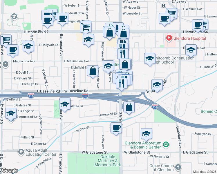 map of restaurants, bars, coffee shops, grocery stores, and more near 951 Delay Avenue in Glendora