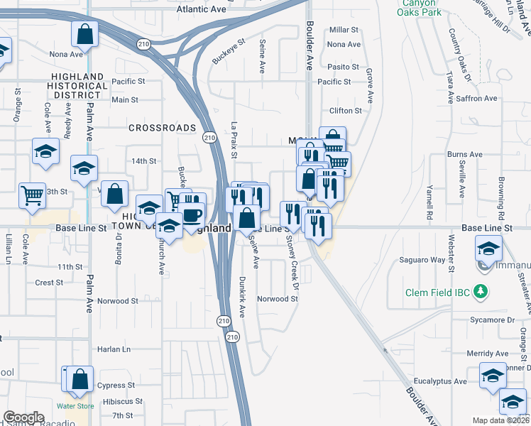 map of restaurants, bars, coffee shops, grocery stores, and more near 7280 Catalpa Avenue in Highland