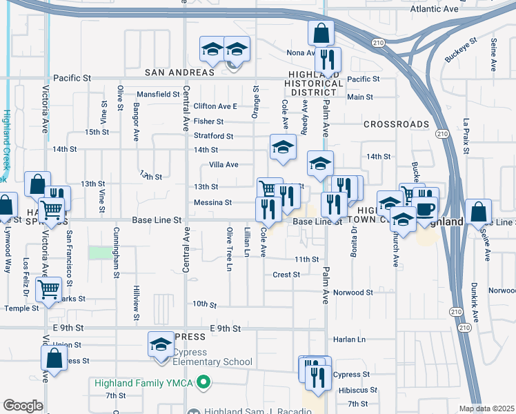 map of restaurants, bars, coffee shops, grocery stores, and more near 27095 Messina Street in Highland
