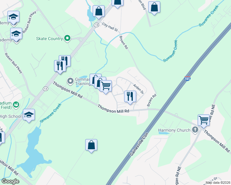 map of restaurants, bars, coffee shops, grocery stores, and more near 4620 Wyck Ct in Buford