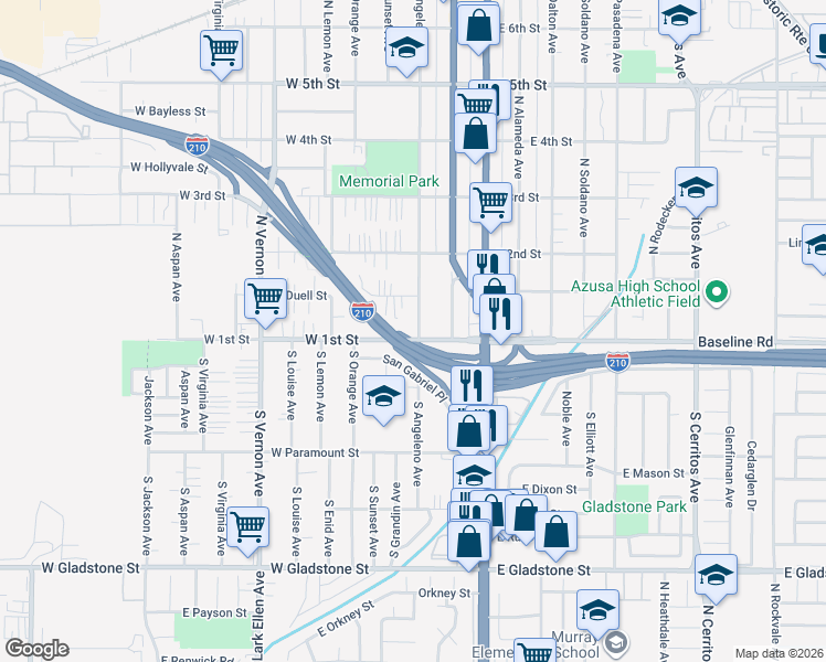 map of restaurants, bars, coffee shops, grocery stores, and more near 107 North Angeleno Avenue in Azusa
