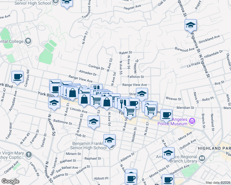 map of restaurants, bars, coffee shops, grocery stores, and more near 5421 Stratford Road in Los Angeles