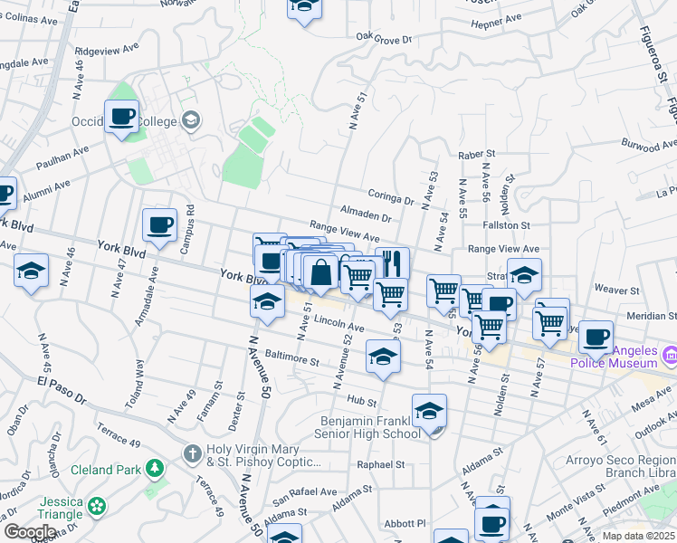map of restaurants, bars, coffee shops, grocery stores, and more near 5125 Meridian Street in Los Angeles