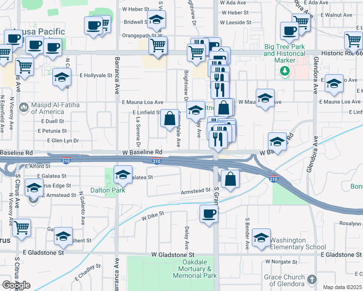 map of restaurants, bars, coffee shops, grocery stores, and more near 950 Forestdale Avenue in Glendora
