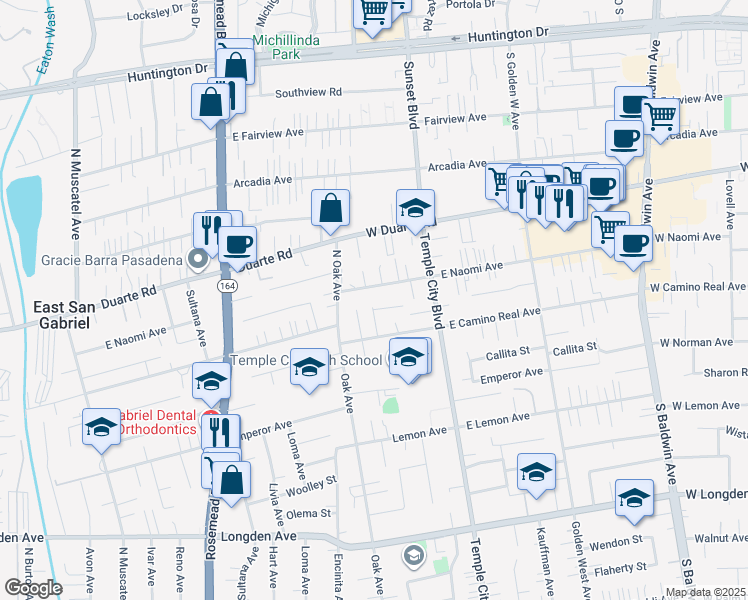 map of restaurants, bars, coffee shops, grocery stores, and more near 6740 Brentmead Avenue in Arcadia