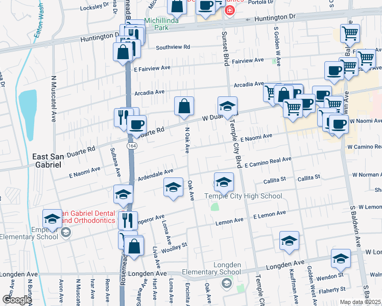 map of restaurants, bars, coffee shops, grocery stores, and more near 6764 North Oak Avenue in San Gabriel