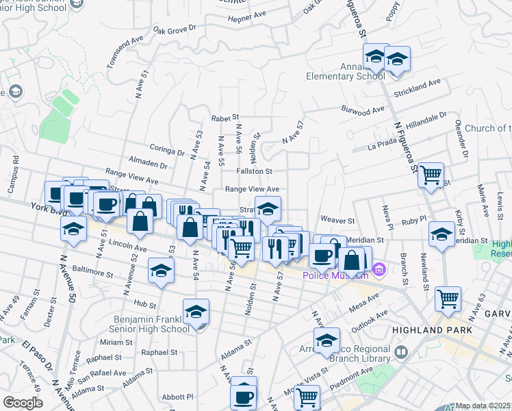 map of restaurants, bars, coffee shops, grocery stores, and more near 5629 Stratford Road in Los Angeles