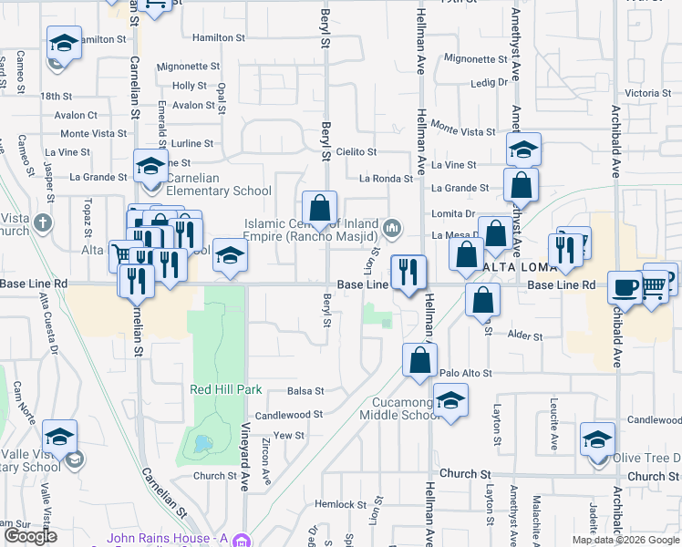 map of restaurants, bars, coffee shops, grocery stores, and more near 9118 Base Line Road in Rancho Cucamonga