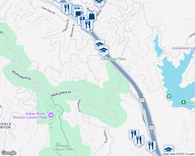 map of restaurants, bars, coffee shops, grocery stores, and more near 6937 Vanland Trail in Los Angeles