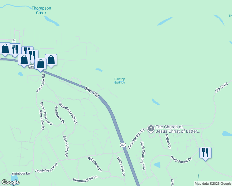 map of restaurants, bars, coffee shops, grocery stores, and more near 2000 Worldmark Drive in Pinetop-Lakeside